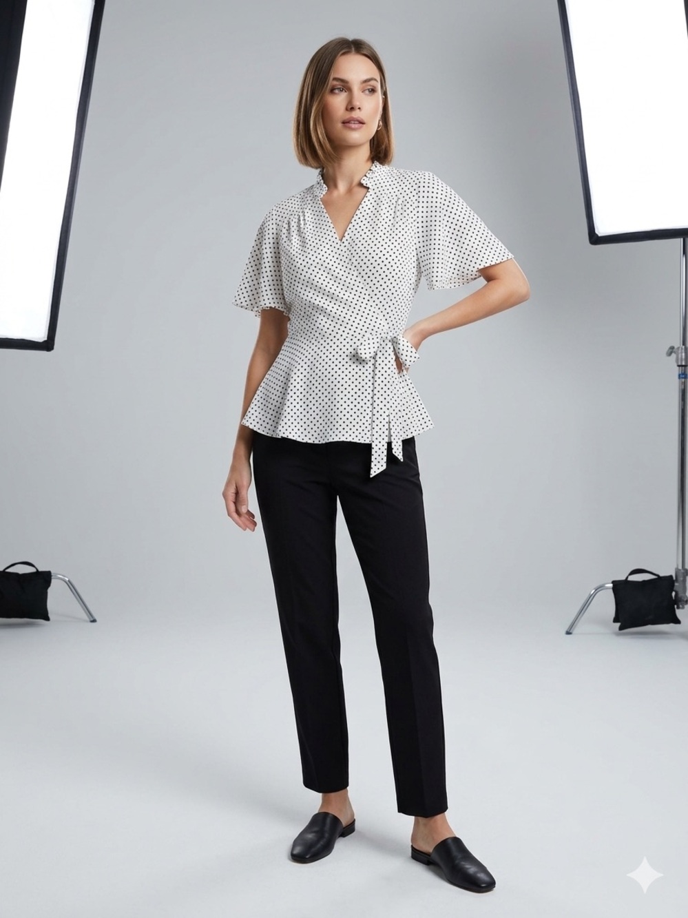 Monteau White Polka Dot Wrap Peplum Blouse